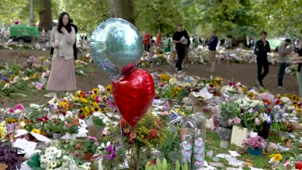 Glänsande Ballonger Svajande Bifogas Blommiga Hyllningar För Drottning Elizabeth Den — Stockvideo