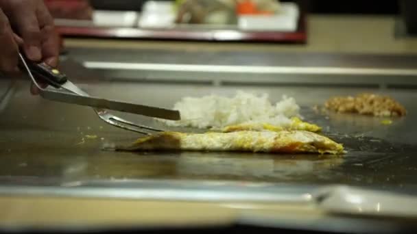 Teppanyaki Εστιατόρια Σεφ Κάνοντας Φίδι Από Eeg — Αρχείο Βίντεο