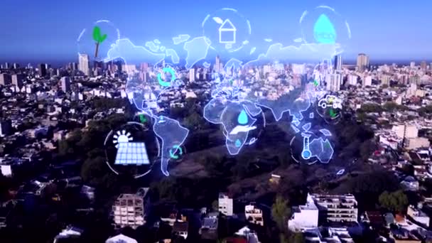 Aerial Flight Park City Buenos Aires Digital Animation Symbols Climate — Stock Video