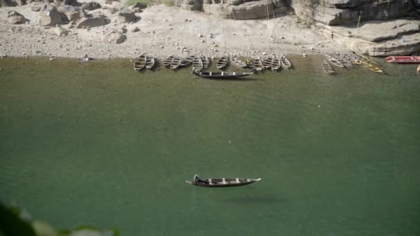 Indigenous Wooden Boats Dawki Rivershore Summer Meghalaya India High Angle — Stock Video