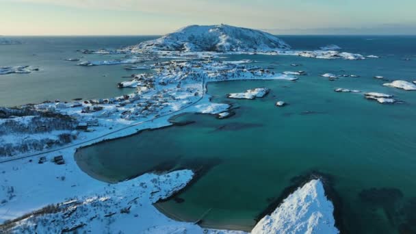 Vue Aérienne Loin Île Sommaroy Hiver Norvège Recul Inclinaison Tir — Video