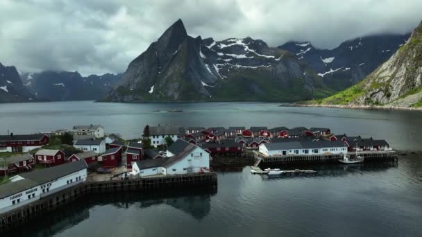 Vedere Aeriană Clădirilor Insula Hamnoy Parțial Însorită Vară Lofoten Norvegia — Videoclip de stoc