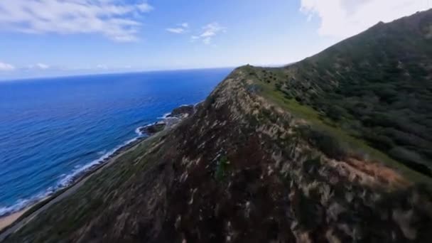 Fpv无人驾驶飞机与夏威夷海岸的一个弹坑山脊平行飞行 美国Pov航空 — 图库视频影像