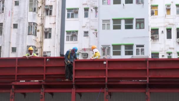 Ingenjörsbyggare Ses Stadsutvecklingsplats Som Byggnation Pågår Hongkong — Stockvideo