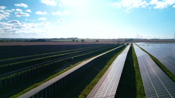 Aerial Backward Huge Solar Panel Field Green Energy Zero Emissions — Stock Video