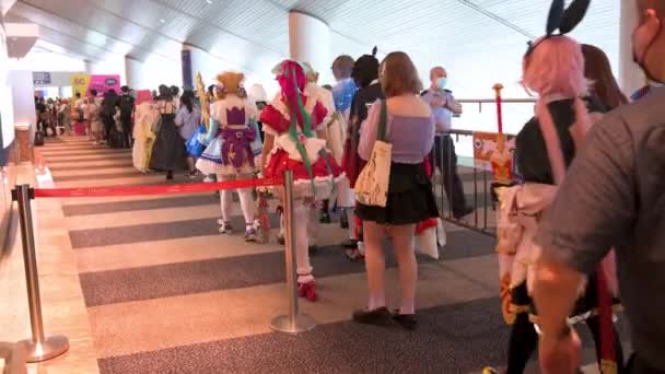 Visitors Participants Dressed Cosplayers Queue Line Enter Ani Com Games — Stock Video