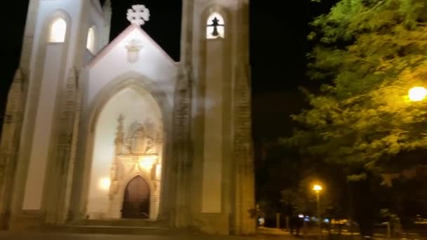 Déplaçant Autour Tour Décorée Gothique Église Nuit Lisbonne Europe Lumières — Video