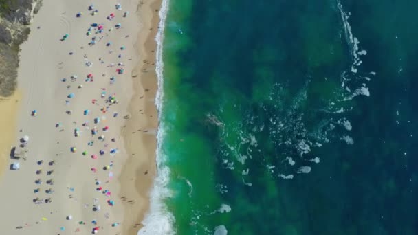 Letecký Pohled Ptačí Perspektivy Turisty Opalující Podél Pobřeží Atlantského Oceánu — Stock video