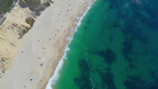 Letecký Pohled Ptačí Perspektivy Turisty Opalující Podél Pobřeží Atlantského Oceánu — Stock video