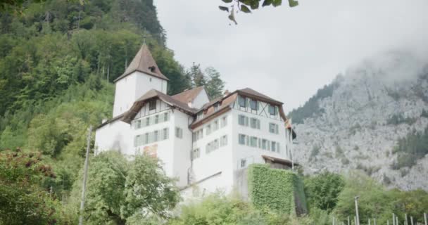 Wimmis Suiza Europa Rural Pueblo Uva Viñedo Montaña Nublado Castillo — Vídeos de Stock