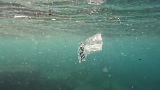 Undervattensutsikt Över Genomskinlig Plastpåse Flyter Runt Det Blå Havet — Stockvideo