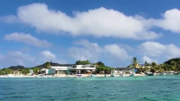 Pov Watching Caribbean Fishing Village Sailing Boat Los Roques Archipelago — стоковое видео