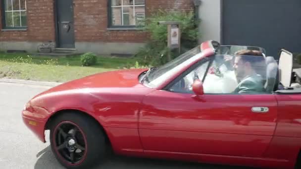 Husband Driving Away His Beautiful Wife Red Old Timer Car — Stock Video