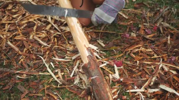 Close Woman Wearing Gloves Shaving Bark Large Stick Machete — Stock Video