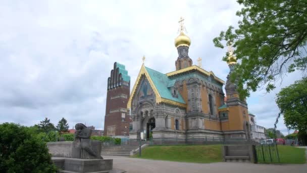 Mathildenhöhe Darmstadt Russische Orthodoxie Kapelle Jugendstil Stetiger Gimbal Schuss — Stockvideo