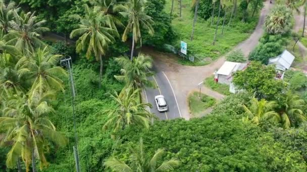 White Car Motorbike Drive Bend Tropical Jungle Lombok Island Aerial — Stock Video