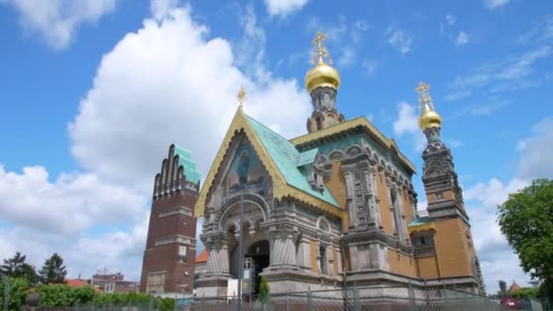 Mathildenhoehe Russisch Orthodoxe Kapel Darmstadt Met Hochzeitsturm Trouwtoren Art Nouveau — Stockvideo