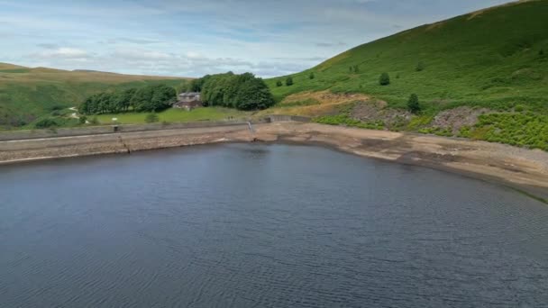 Landscape Drone Aerial Footage Yorkshire Countryside Valleys Moorland Reservoir Dam — Stock Video