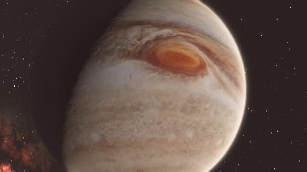 Zoom Rápido Planeta Gigante Gas Júpiter Con Fondo Sol Estrellas — Vídeos de Stock