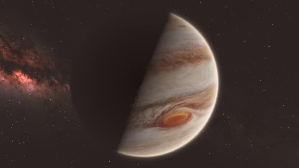 Planet Jupiter Világűrből Félig Világos Félárnyék Tejút Galaxy Csillagok Háttér — Stock videók