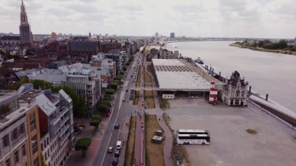 Antwerpeni Belgium Európa Utcáin Mozgó Forgalmat Bemutató Dinamikus Légi Felvétel — Stock videók