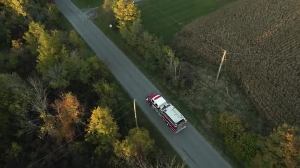 Aerial Tracking View Emergency Fire Truck Vehicle Driving Fast Countryside — Stock Video