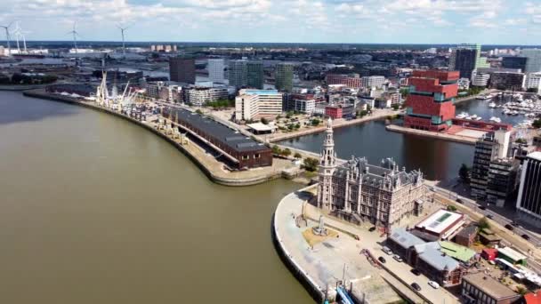 Indah Pemandangan Udara Antwerp Belgia Meliputi Museum Aan Stroom Terbesar — Stok Video