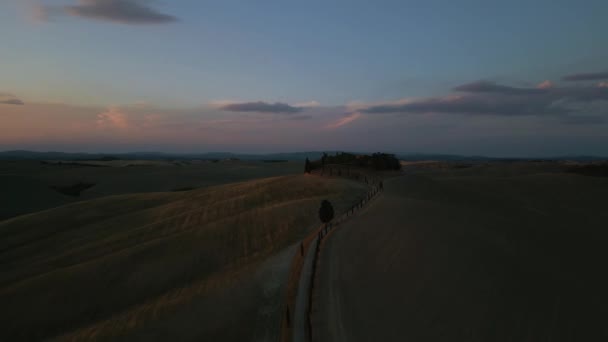 Wieczorna Antena Val Orcia Pienza Słynna Dolina Przyrody Średniowieczne Miasto — Wideo stockowe