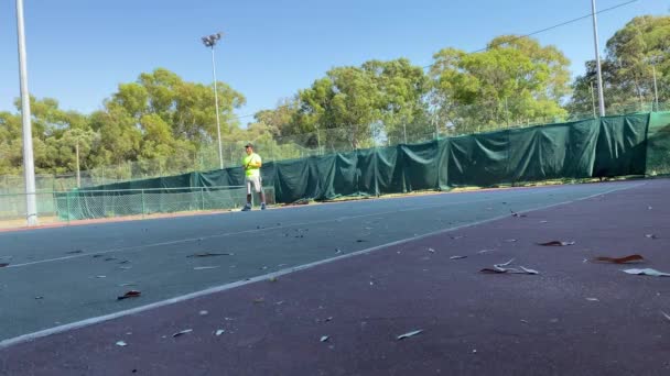 Man Hitting Yellow Tennis Ball Racket Male Tennis Player Outdoor — 비디오