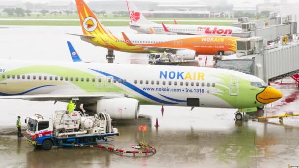 Nokair Und Thai Lion Airlines Docken Der Halle Während Sie — Stockvideo