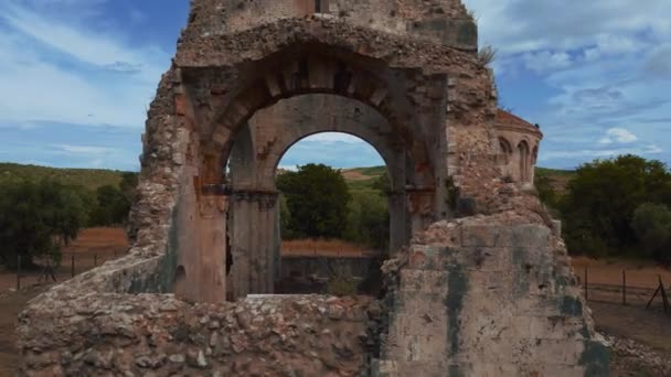 Flying Old Abbazia San Bruzio Damaged Ruin Abandoned Medieval Monastery — Stock Video