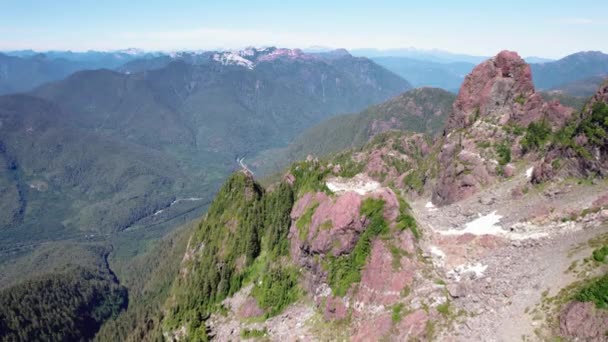 Aerial Fly Forward Jagged Mountains Peaks Mackenzie Range Vancouver Island — Stok Video