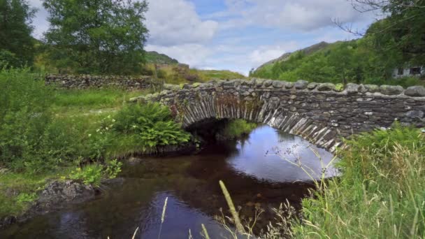 Videofilmer Watendlath Attraktiva Packhorse Bron Sitter Över Watendlath Beck Detta — Stockvideo