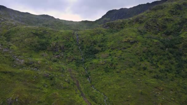在挪威一个长满青草的山脊上流过的瀑布的升腾的空中视图 — 图库视频影像
