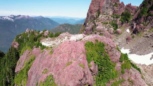 Luftdrehrecht Für Wanderer Auf Einem Gipfel Mackenzie Range Vancouver Island — Stockvideo