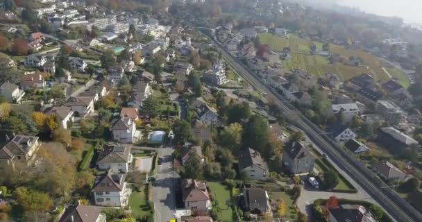 Woningen Gebouwen Bomen Lausanne Hoofdstad Van Vaud Zwitserland Uitzicht Drone — Stockvideo