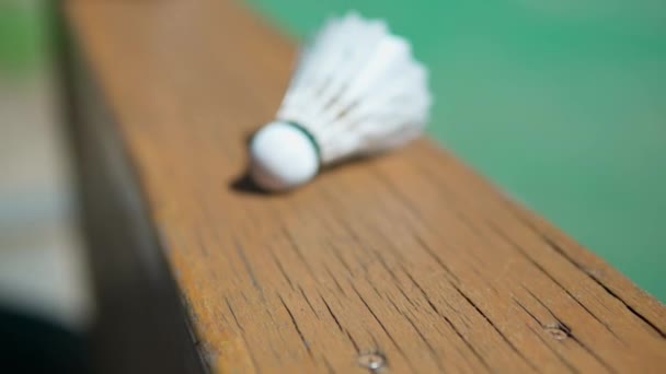 Badminton Färja Ett Trästaket Nära Utomhus Grön Bana Närbild — Stockvideo