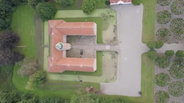 Vertical Shot Ancient Norlund Castle Denmark Lone Car Parked Aerial — Stock Video