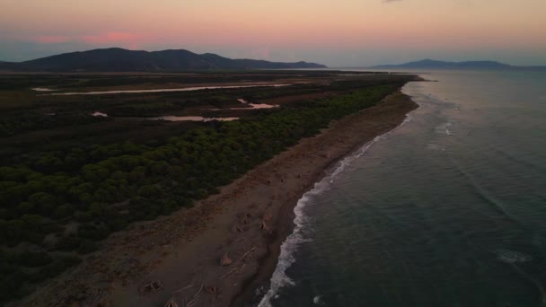 イタリアのトスカーナ州にあるマレーマ国立公園の夕日 遠くに島 夕方に青い空と水と松の木の森とビーチの海の海辺の海岸のシネマティックな空中ドローン映像 — ストック動画