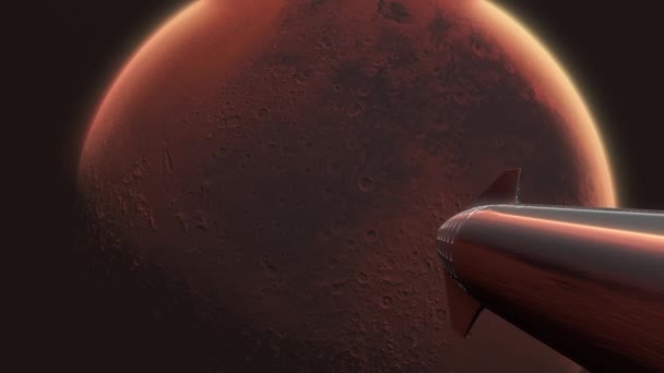 Planet Mars Med Space Starship Långsamt Närmar Sig Med Raketer — Stockvideo