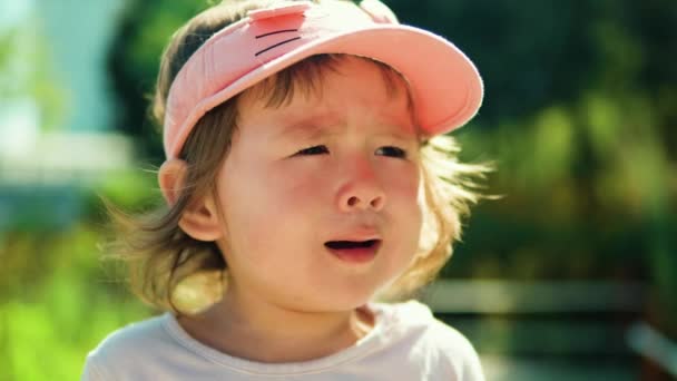 Displeased Toddler Girl Crying Outdoor Portrait Slow Motion — Stock Video