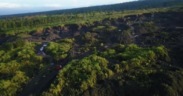 Aerial Flyover Large Sand Mine Slope Merapi Volcano Truck Activity — Stok Video