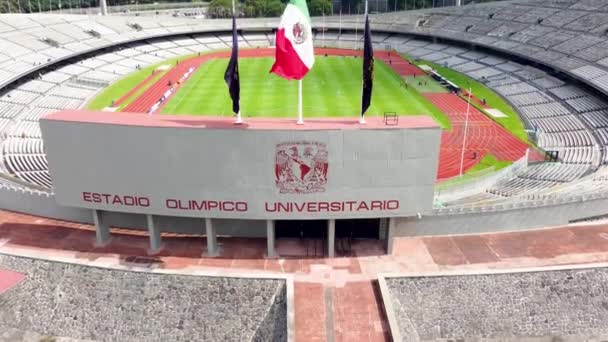 Tiro Aéreo Sobre Entrada Através Belo Campo Verde Estádio Olímpico — Vídeo de Stock