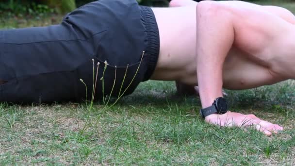 Ein Junger Calisthenics Athlet Macht Liegestütze Auf Einem Rasenplatz Seinem — Stockvideo