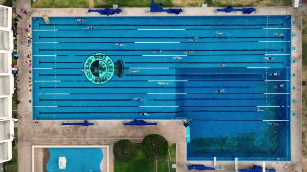 屋外プールでレーンで泳ぐ人々の真上の空中ビュー — ストック動画