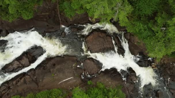 阿尔贡金公园 安大略省 加拿大 无人驾驶飞机拍摄的Oxtongue River Ragged Falls省立公园西南边缘Algonquin 冰河融水的强大力量 砾石落下美丽的自然环境 — 图库视频影像