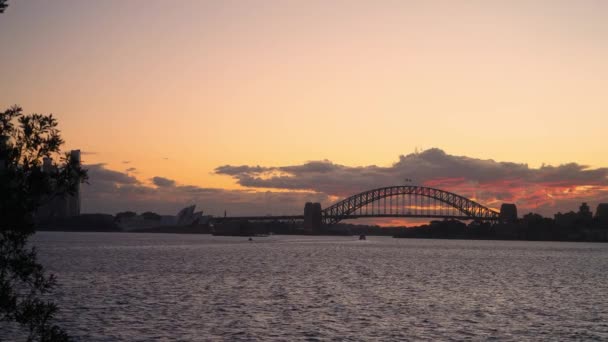 Sydney Harbour Bridge Při Západu Slunce Zářící Oranžovou Oblohou Tato — Stock video
