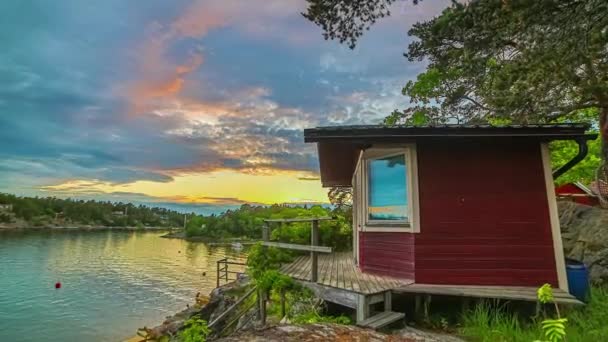 Chalet Rouge Bord Lac Suède Coucher Soleil Avec Coucher Soleil — Video