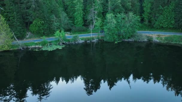 マス釣りのための湖のプライムの海岸を巻き道路のドローンショット — ストック動画