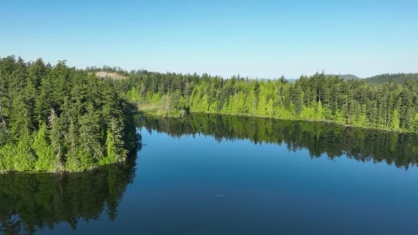 太平洋岸北西部の湖のドローンショット湖とその周囲の木の山のカバーの大きさを明らかにするために上昇 — ストック動画